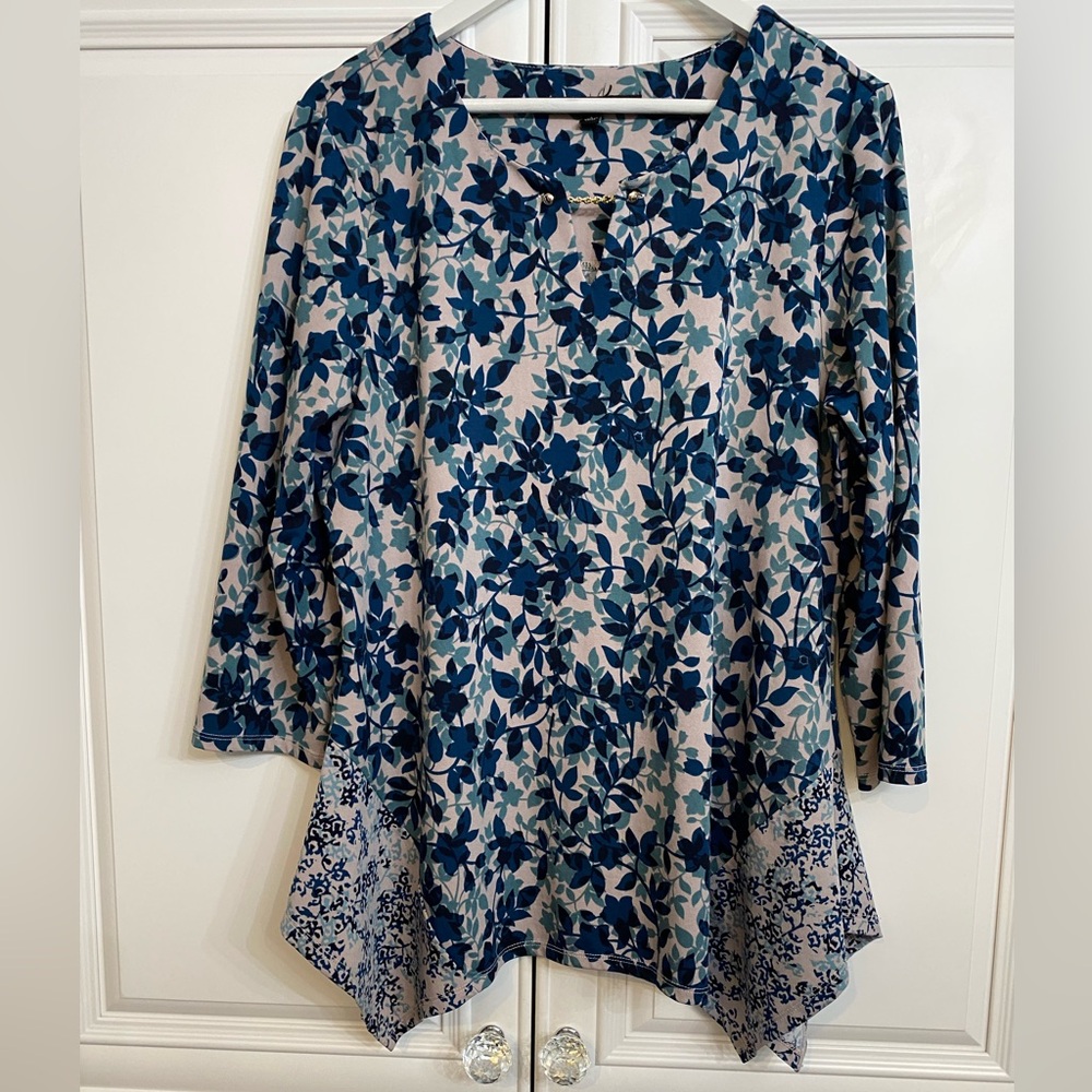 Zac & Rachel Women’s Size Large Long Sleeve Scoop Neck Tunic Blue Green Print